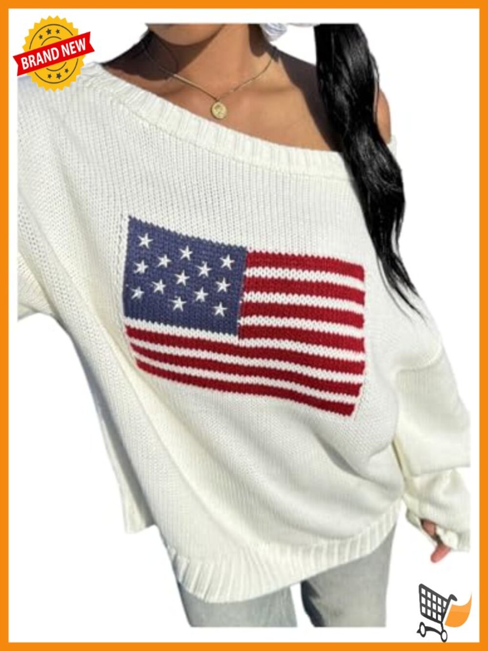 Oversized Off Shoulder Sweater Crewneck Pullover Acrylic Knit Flag Pattern